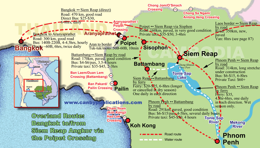 Map of Overland routes to Siem Reap Cambodia